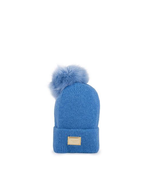 Cappello in maglia con pon pon in volpe azzurro YES LONDON | CP VAZZURRO